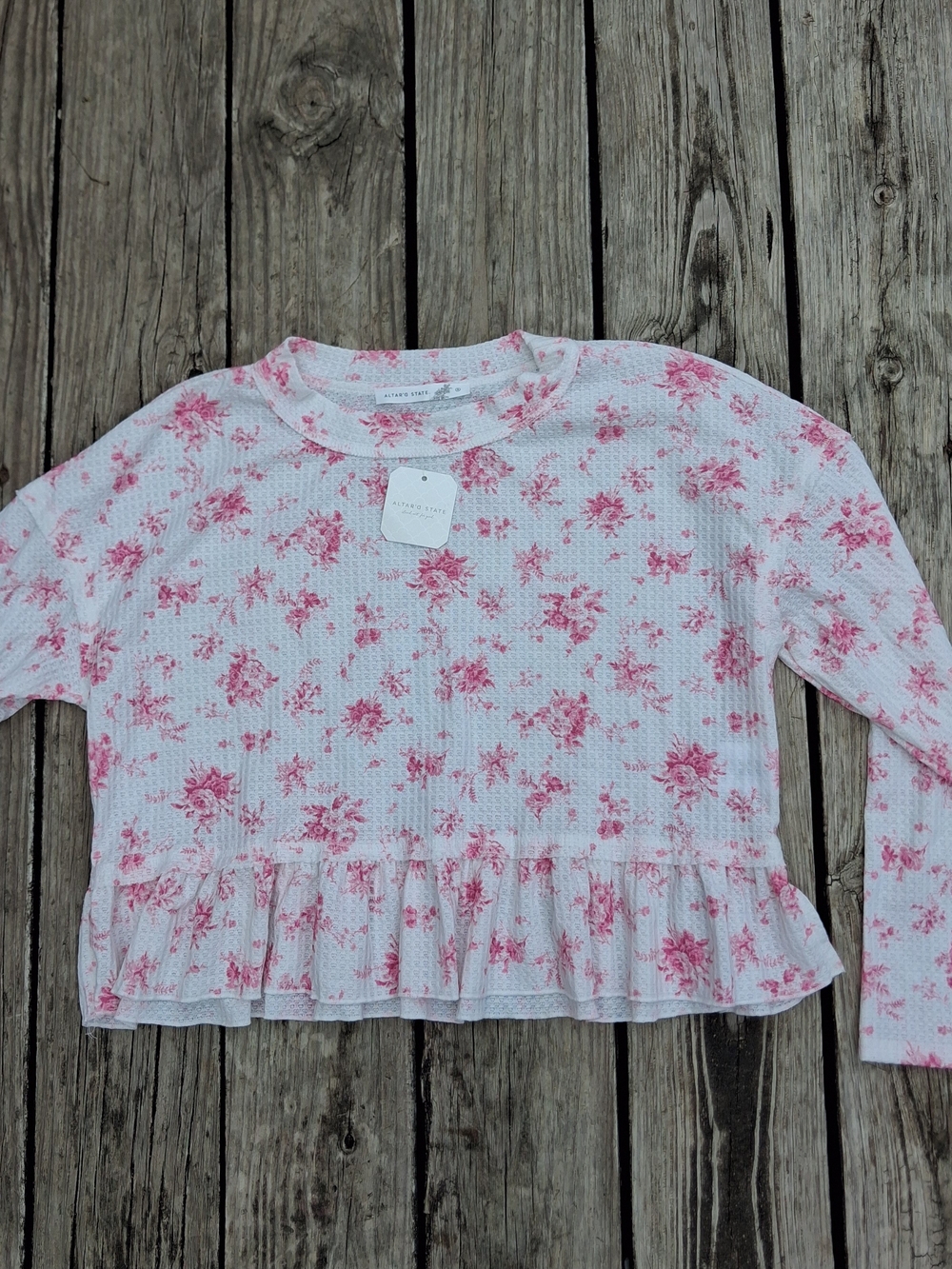 Altar'd State White Top with Pink Floral Ruffle Hem